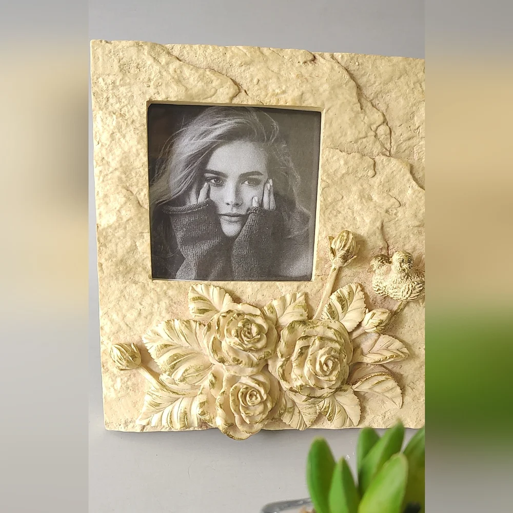 Elegant Cream Floral Picture Frame with Bird Design Vintage